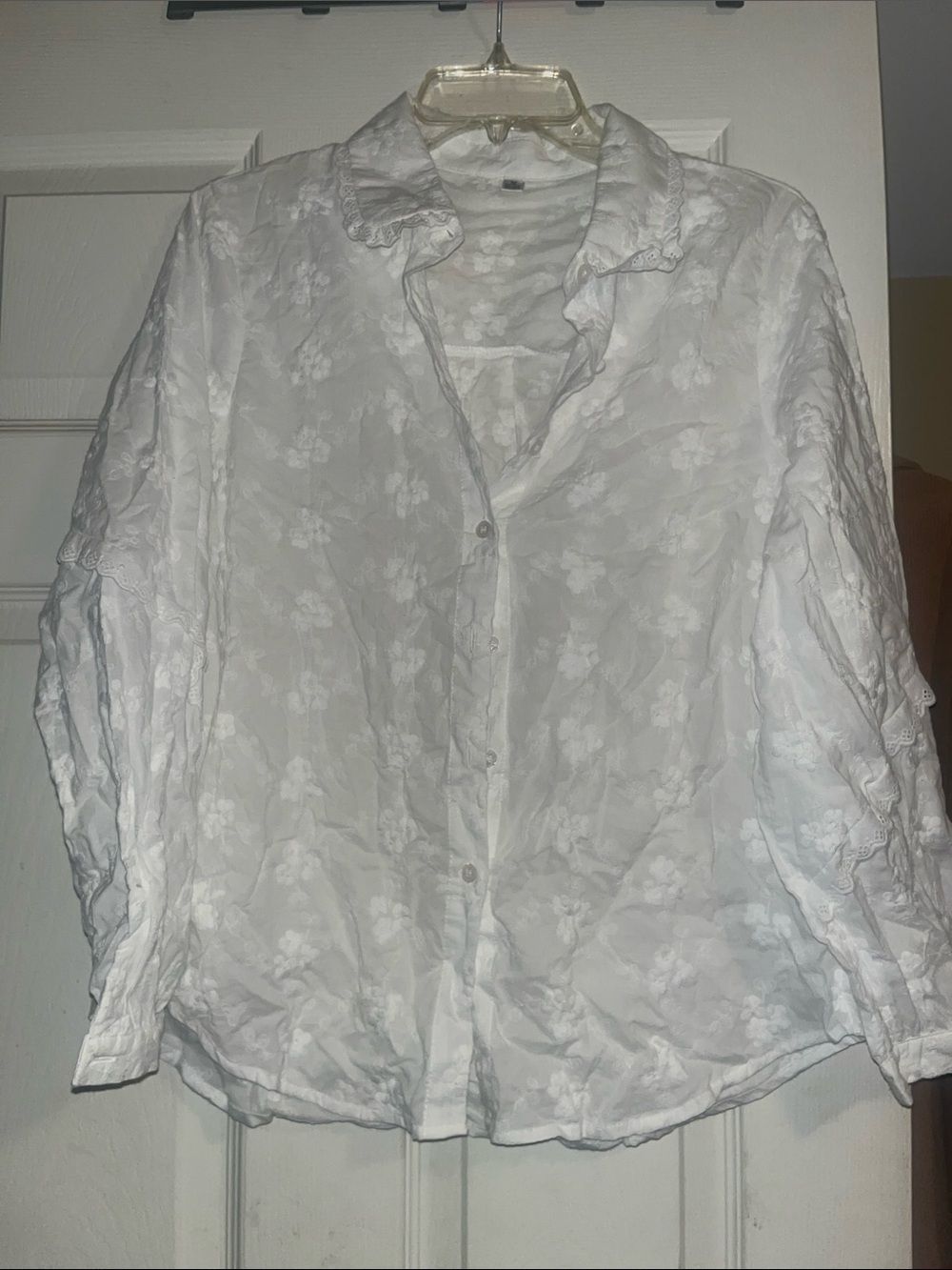 White Floral Eyelet Button-Up Women's Top